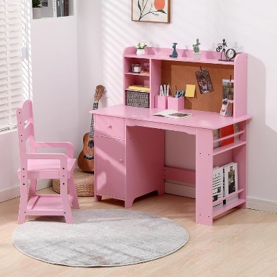 Jojoka Kids Desk and Chair Set,Wooden Study Table with Storage Shelf,Writing Table for Boys and Girls,Pink