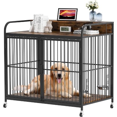 Homhougo Dog Crate Furniture, Dog Crate Indoor with Adjustable Height Rotating Feeder Medium Brown