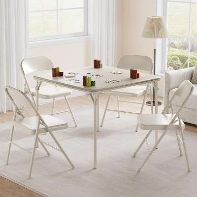 5-Piece Folding Table and Chair Set, PU Upholstered Foldable Card Table with 4 Metal Chairs, Portable Dining or Event Furniture, Beige