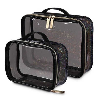 Byootique Set of 2 Clear Makeup Bag Cosmetic Organizer Travel Toiletry Pouch Handle Zipper for Makeup Artist Black