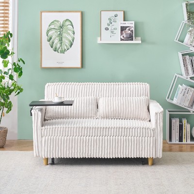 Dual-Function Pull-Out and Push-In Corduroy Sleeper Sofa Bed with Movable Table, 2 pillows and USB Ports, Couch for Small Apartments
