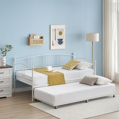 TackView Twin Metal Daybed with Trundle, Pullout Trundle Bed Frame, Guest Sofa Bed with Steel Slat Support, No Box Spring Required