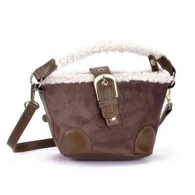 Adornia Brown Belted Bucket Bag with Shearling Detail
