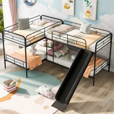 Twin Over Twin Size Bunk Bed, L-Shaped Double Bunk Bed Frame with Slide, Full-Length Guardrails and Ladder, Black -ModernLuxe