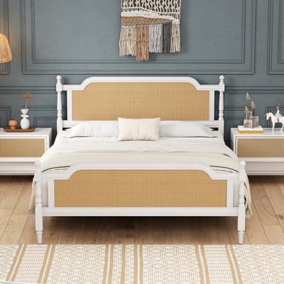 Merax Rustic & Retro Traditional Rattan Bed Frame with Pine Wood Structure