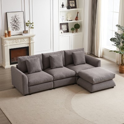 MAYEERTY 102.2 Modular Sofa With Ottoman Plastic Legs 3 Cushions 3 Pillows L Shaped Sleeper Comfort Upholstered Gray