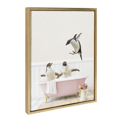Kate and Laurel Sylvie Penguins Playing in Cottage Rose Bath Framed Canvas by Amy Peterson Art Studio, 18x24, Bright Gold