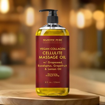 Majestic Pure Vegan Collagen Cellulite Massage Oil with Stem Cells for Skin Tightening - 8 Fl Oz