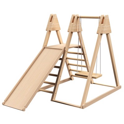 INFURNIC Play and Swing Sets, Indoor Play Gym Playset with Baby Swing Slide Ladder Climbing Wall Indoor Jungle Gym for Kids, Brown, 44.48"*43.3"*40.5"