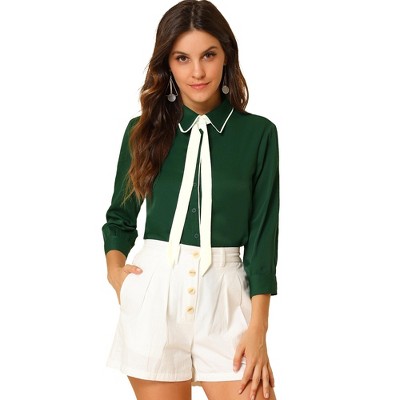 Allegra K Women's Point Collar Tie neck 3/4 Sleeve Button-Down Shirt