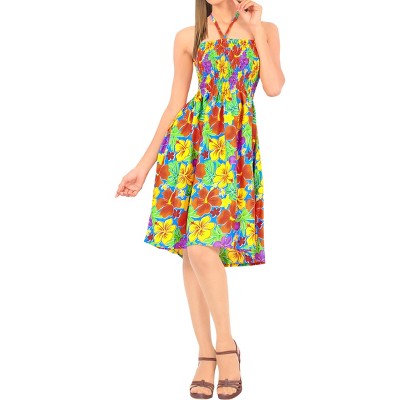 LA LEELA Women's Summer Boho Beach Smocked Mini Flowy Dress Tube Top Strapless Dresses for Women One Size Fern, Floral