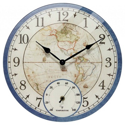 14" Orbis Wall Clock with Thermometer Blue - Infinity Instruments: Vintage-Style Map, Indoor/Outdoor Use