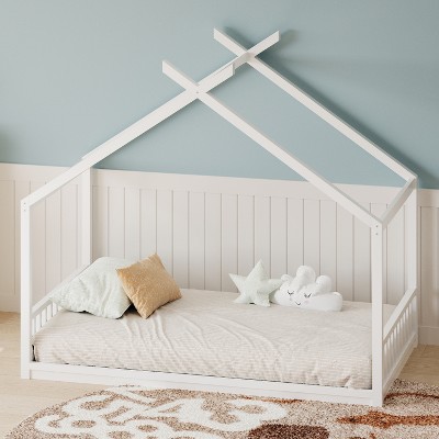 Twin/Full Size House Bed  for Kids Wood Platform Bed Frame Fence Bed with Headboard and Footboard, Montessori Style, White/Natural-ModernLuxe