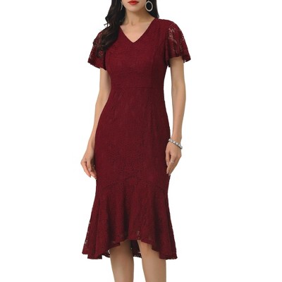 INSPIRE CHIC Women's Lace Floral Fishtail Formal Cocktail Short Sleeve Midi Dress