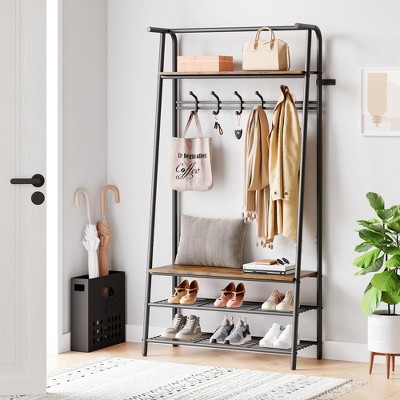 Entryway Hall Tree with Storage, Coat Rack Shoe Bench, 4-in-1 Metal Frame Hallway Organizer, Freestanding Industrial Accent Furniture