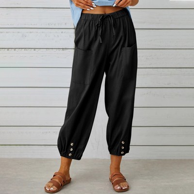 Womens Casual Loose Fit High Waist Button Linen Wide Leg Pants