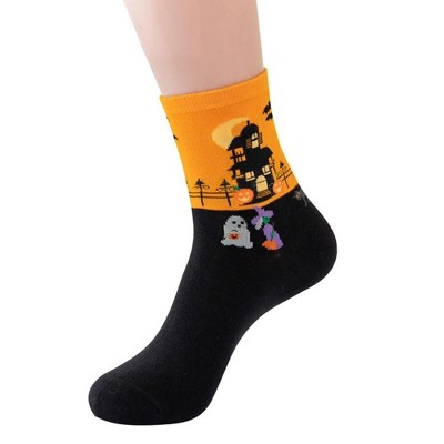 Orange and Black Haunted House Socks from the Sock Panda - Great for Halloween (Women's Sizes, Adult Medium)