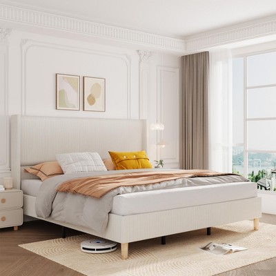 Homhougo Bed Frame, Upholstered Platform Corduroy Bed Frame with Vertical Channel Tufted Wingback Headboard