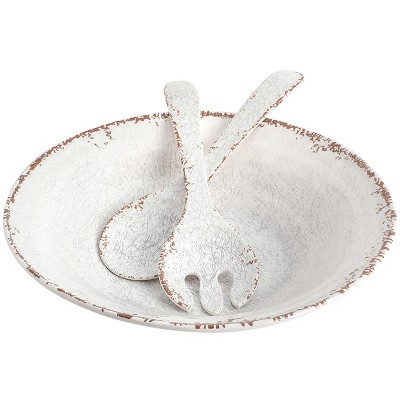 Gibson Laurie Gates Mauna 3 Piece Melamine Serving Bowl Set in White with Serving Utensils