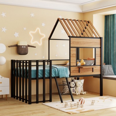 Metal Twin Size Loft Bed with Roof, Windows, Railing and Ladder - ModernLuxe