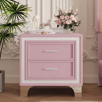 FONTOI Mid Century Vintage Nightstand with Silver Glitter Strip Decor and Legs, Bedside Table with 2 Drawers for Bedroom, Pink, 15.9"*21.7"*21.8"