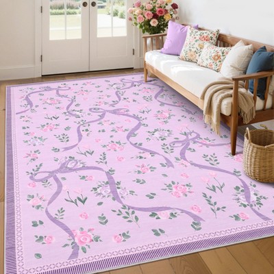 Floral Rugs for Living Room Bedroom Washable Bow Pattern Area Rug Non Slip Low Pile Indoor Home Decor Carpet