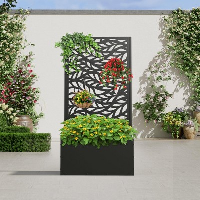 Wooakway Black Metal Planter Box with Trellis Raised Garden Bed with Arbor Privacy Screen with Wheels24
