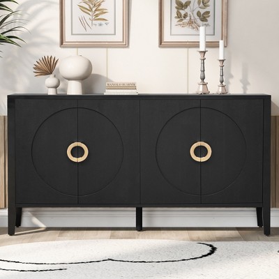 60"W 4-Door Sideboard Storage Cabinet with Textured Finish, Fir Veneer, for Corridor Entrance Living Room Study, Natural/Navy Blue/Black-ModernLuxe