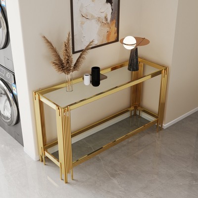 Double-Layer Tempered Glass Console Table with Mirror-Finished Stainless Steel Frame, Modern Entryway & Sofa Table