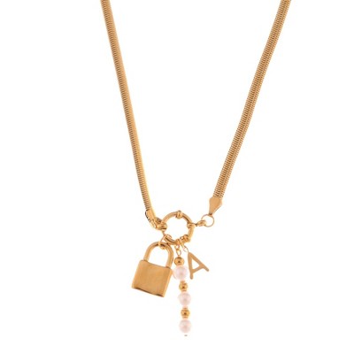 Anna-Kaci Gold-Tone Lock Pendant Fashion Necklace with Pearl and Initial Charm Details - Gold