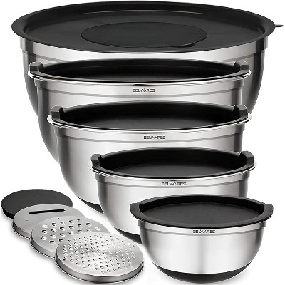 Mixing Bowls with Lids Set - Nesting Bowls with Airtight Lids + Graters - Stainless Steel Non-Slip Mixing Bowl for Baking