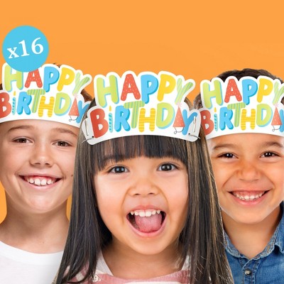 Big Dot of Happiness Party Time Happy Birthday Paper Crowns, Colorful Birthday Headbands for Kids & Adults, DIY Classroom Party Hat Favors, 16 Count