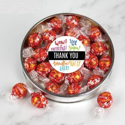 Thank You Candy Gift Tin with Red Chocolate Lindor Truffles by Lindt Large Plastic Tin with Sticker - By Just Candy