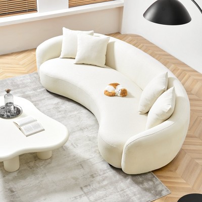 101-Inch Mid-Century Sofa with White Teddy Fabric & 4 Pillows, U-Shaped Sectional for Living Room