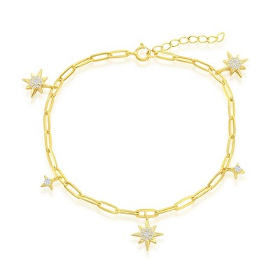 Bella Silver Sterling Silver North Star CZ Paperclip Bracelet - Gold Plated - Gold - 7+1 Inch