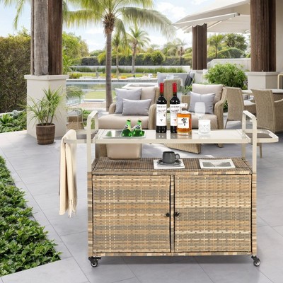 MOEPISY Outdoor Wicker Serving Carts with Cabinet, Patio Serving Cart with Steel Top