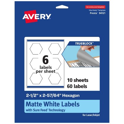 Avery TrueBlock Matte White Paper Labels,  2-1/2" x 2-57/64" Hexagon