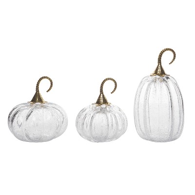 Transpac 9 in Clear Harvest Crackle Pumpkin Set of 3 with Curled Stalks Fall Decorative Objects