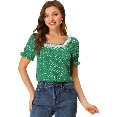 INSPIRE CHIC Women's Square Neck Button Ruffle Sleeve Love Heart Printed Blouse