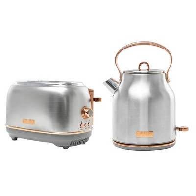 Haden Heritage 4 Slice Wide Slot Stainless Steel Toaster Bundled with 1.7 Liter Stainless Steel Electric Water Kettle, Steel & Copper