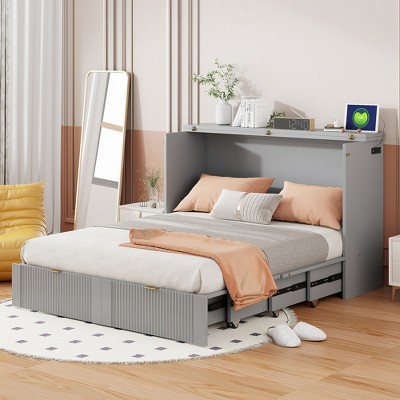 YOOCOZZ Full Size Murphy Bed & Wall Bed with Bottom Drawer and Charging Ports - Gray