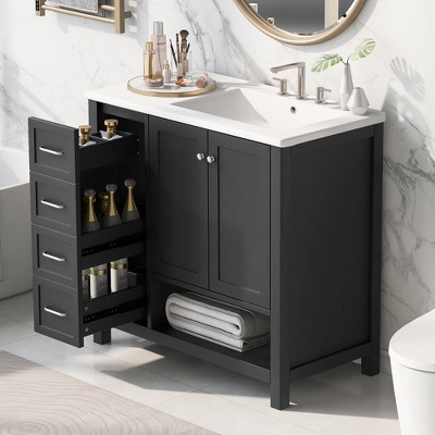 ChicFurnit Bathroom Vanity 24 Inch Bathroom Vanity with Sink for Bathroom Vanity Cabinet Two Drawers Door Adjustable Shelf, Black, 36"*18"*34"