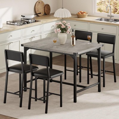 Coolmee Dining Table Set for 4, 5-Piece Kitchen Table Set with Backrest, Counter Height Table with 4 Upholstered Bar Stools for Dining Room