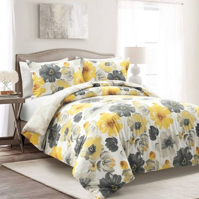 3pc Leah Cotton Duvet Cover Set Yellow/Gray - Lush Décor