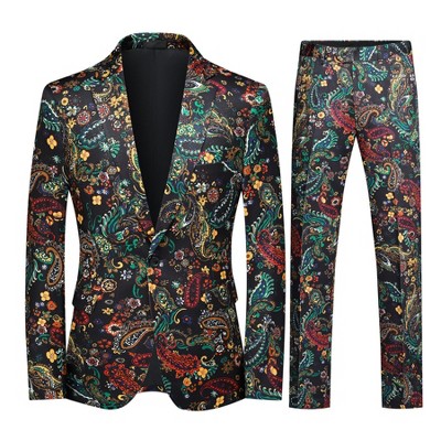 Cloudstyle Mens 2 Piece Print Suit Floral Party Dress Jacket Slim 2 Button Blazer Pants