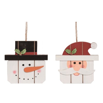 Transpac Wooden Santa and Snowman Head Ornament Set of 2 Christmas Tree Decorations for Home Holiday Decor