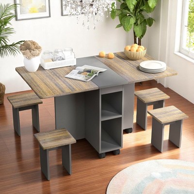 5-Piece Folding Dining Table Set with 4 Chairs, 55" Drop Leaf Expandable Kitchen Table with Storage & Wheels, Wood Table Set for Dining Rooms