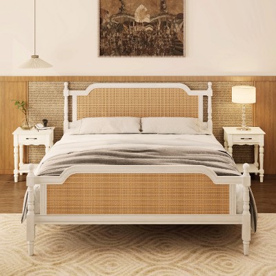 Lyngins French Provincial Rattan Platform Bed Frame with Headboard & Footboard, Wood Queen Size Bed Frame, Rustic Retro Bed for Bedroom
