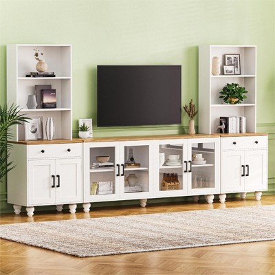 110.00"Farmhouse TV Stand with Solid Wood Gourd-Shaped Legs for TVs Up to 70", Entertainment Center with Bookshelves, White