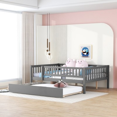 TIRAMISUBEST Twin/Full Size Daybed with Trundle and Fence Guardrails, Solid Wood Daybed Frame Sofa Bed with Slats Support for Bedroom Living Room